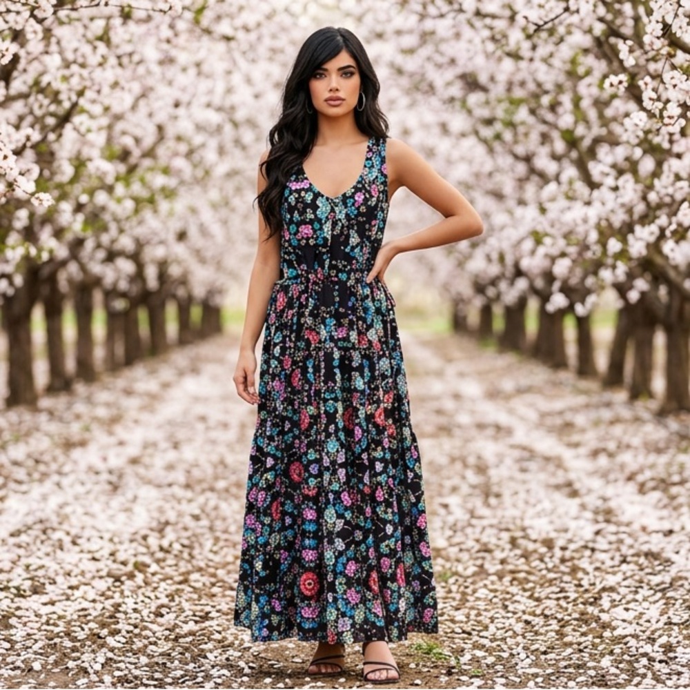 Johnny Was Black Floral Maxi Dress